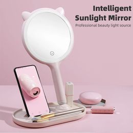 Espejo de maquillaje de belleza inteligente Espejos de maquillaje LED inteligente con caja de almacenamiento de cosméticos con soporte para teléfono para niñas Viajes a casa 240416