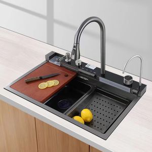 Intelligent Waterfall Kitchen Sink Multifunctional 304 Stainless Steel Large Single Slot Integrated Digital Waterfall Faucet
