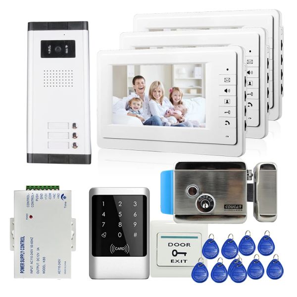 Interphone 7 '' Monitor Video Door Téléphone Interphone Système de caméra Door Shewell RFID Code d'accès à 2 appartements Lock électrique familial des appartements