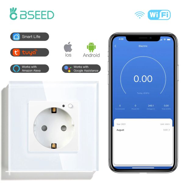 Interphone BSEED Smart WiFi Control Control Power Monitor Sockets 16A 110V250V POWER WALL SOCKETS PANNEAU GLASS PANNEUX pour Tuya Google Alexa