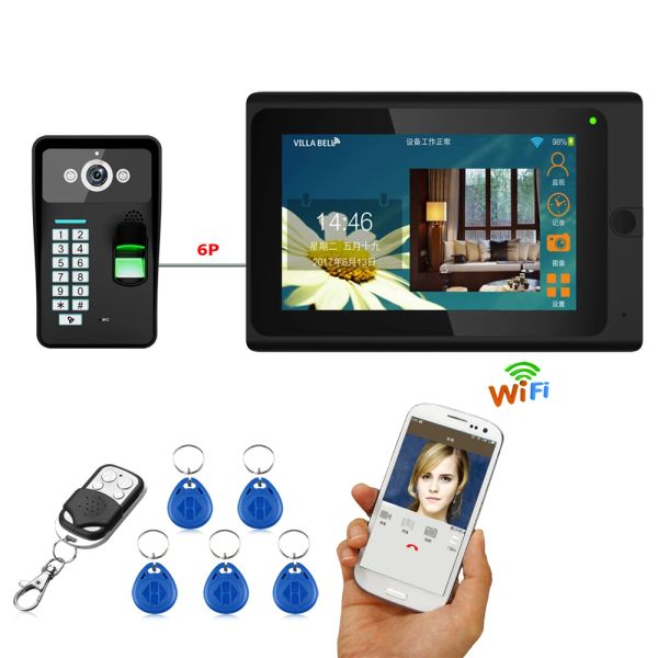 Intercom Gamwter 7 pouces Wiless WiFi WiFi Empreinte RFID Video Door System Interphone, support Night Vision Phone App interphone