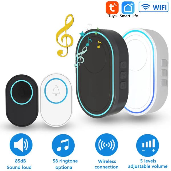 Interphone Home Wireless Tuya Smart Doorbell 433MHz Bouton de porte de bienvenue Bouton étanche LED 58 chansons 5 Volumes de niveau 100m carillon de porte