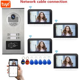 Interphone Tuya 7 "Video WiFi Interphone Appartement Porte de téléphone Système de téléphone 2 ~ 4 Moniteurs blancs RFID Access Door Camera pour 2 ~ 4 Familles d'appartements