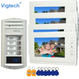 Interphone VigTech 7 '' Couleur Video Door Téléphone 4 Moniteurs avec 1 sonnette d'interphone peut contrôler 4 maisons pour une caméra RFID multi-appartements