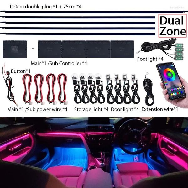 Accesorios de interior 18 en 1 Sinfonía de zona dual LED Luces ambientales para automóvil RGB 64 colores Tira acrílica de arco iris Kit de iluminación de atmósfera de neón Aplicación