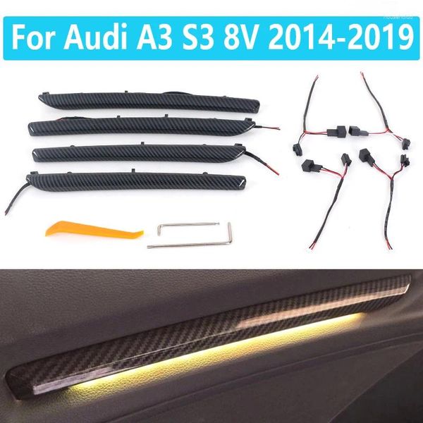 Abat-jour LED pour porte de voiture, accessoires d'intérieur, pour Audi A3 S3 8V 2014 – 2024, décoration en Fiber de carbone, lumière d'ambiance, 4 pièces