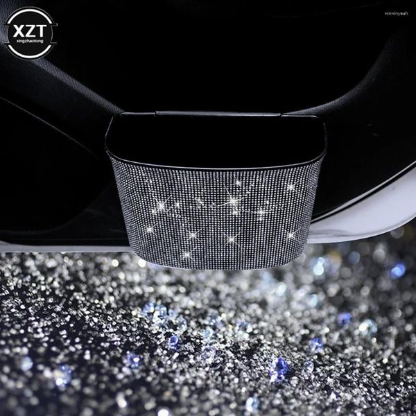 Accesorios interiores Cubo de basura de coche de cristal de diamante con tapa a prueba de fugas Mini vehículo brillo cubo de basura organizador bolsa contenedor