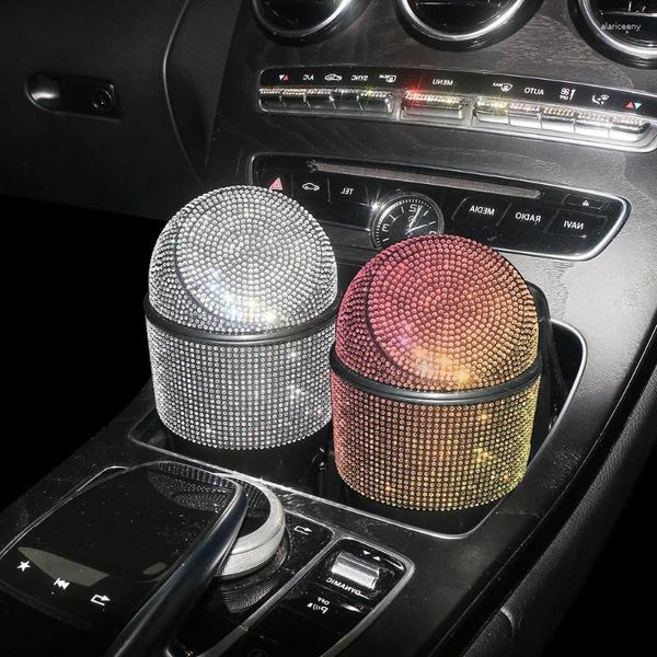 Accesorios interiores, cubo de basura de lujo con diamantes para coche, Mini contenedor de basura ostentoso para almacenamiento de residuos a presión