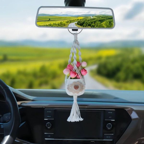 Décorations intérieures Vase en céramique Pendentif de voiture Pot de plante Accessoires de garniture automatique Panier en coton Porte-fleurs Rétroviseur HangingInterior