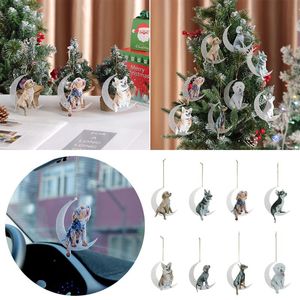 Décorations intérieures de décoration d'arbre de Noël chien assis sur la lune suspendue suspension en acrylique de voitures de recul du rétroviseur sac à dos