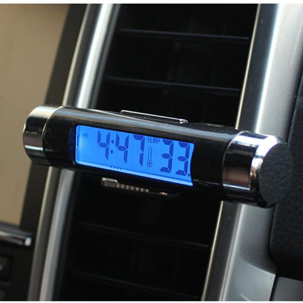 Decoraciones interiores Pantalla LCD digital multifuncional Retroiluminación azul Reloj de coche Termómetro Tiempo Detector de temperatura Gota