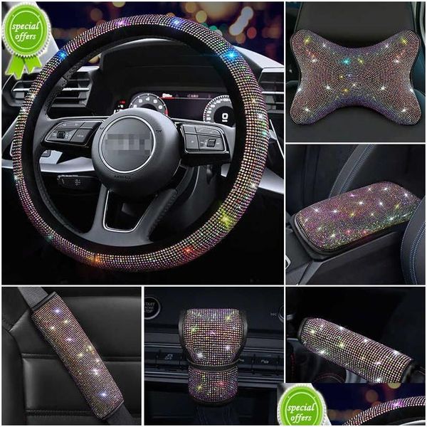 Décorations intérieures Nouveau 2022 Pu Cuir Volant de voiture Er Set Diamond Rose Ers Cas pour Lady Girls Accessoires Drop Livraison Aut Dh3Dj