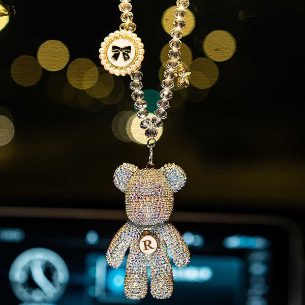 Decoraciones de interiores Venta al por mayor de dibujos animados de diamantes de cristal Arco Gloomy Bear Coche Colgante Espejo Colgante Llavero Adornos Bling Decoración de interiores de coches T221215