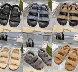 Sandales G imbriquées Chunky Hook Loop Slingback Platform Dad Mules Chaussures de créateur Femme Sherpa Laine Fourrure Toile Brodée Pantoufle Boucle Sangle Slide