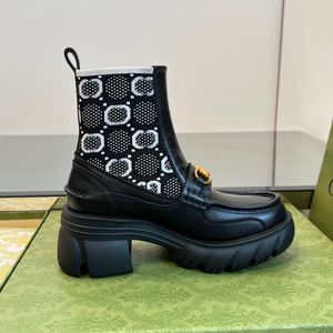 Bota de tacón de bloque de tobillo de piel de becerro mixta entrelazada Botines sin cordones con punta redonda Botas planas estilo calcetín de punto Zapatos de plataforma de diseñador para mujer 6 cm