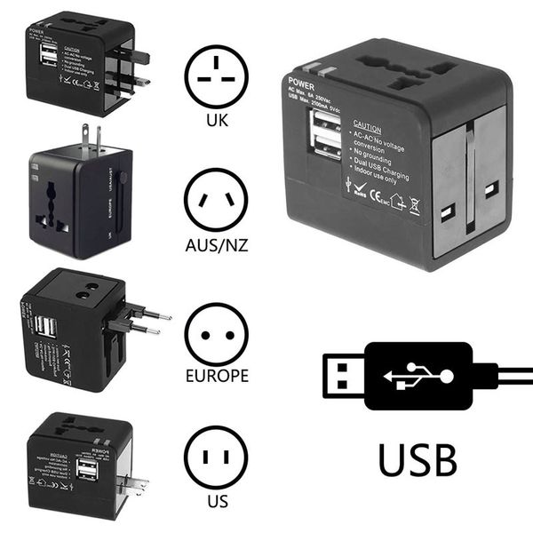 Adaptador de viaje internacional Adaptadores de corriente universales Convertidor de enchufe en todo el mundo Todo en uno con 2 puertos USB Perfecto para EE. UU. UE Reino Unido AUS