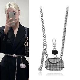 Internet Beroemdheden Zilveren Vrouwelijke Metalen Ketting Riem Diagonale Overspanning Mini Volledige Diamanten Heuptas Accessoires Ins Dunne Band 240109