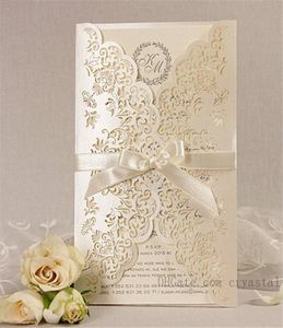 Intrincada invitación de boda con encaje beige, cortada con láser, hecha a mano, personalizada, con cinta y sobres1940770