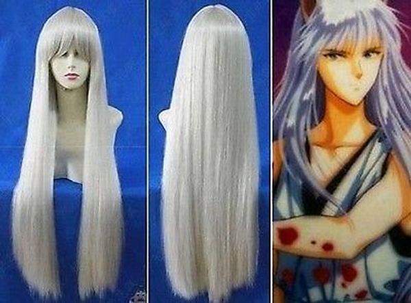 inuyasha kurama Long Silver White Cosplay Pelucas completas rectas 100 cm + peinado gratis