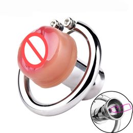 Jaula de castidad invertida con consolador en forma uretral para hombre, cerradura de pene de acero inoxidable, anillos para pene BDSM, Juguetes