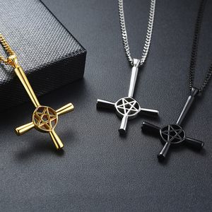 Collier pendentif pentagramme croix inversée à 5 pointes en acier inoxydable, bijoux sataniques pour hommes