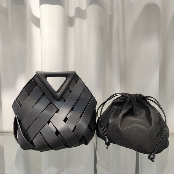 Bolso con cierre magnético de triángulo invertido: cuero genuino, bolso de mano tejido hueco, elegante bolso de hombro y bandolera, diseño geométrico, favorito de las celebridades de Internet camello