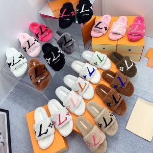 Omgekeerde driehoekige damespantoffels Dameswollen slippers Winterbont Pluizig harig Warme letters Sandalen Comfortabel Fuzzy ijzeren plaat Meisjesslipper Sl j2S X2sG#