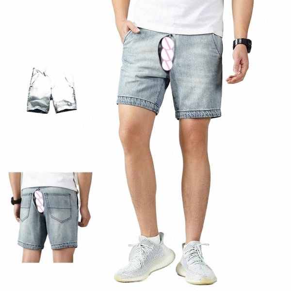 invisible ouvert entrejambe sexe en plein air été slim fit denim shorts hommes rétro pantalons décontractés denim y2k cargo bas streetwear bleu e7zI #