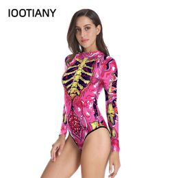 Kleur Ribben Schedel 3D Print Vrouwen Eendelig Badpak Zomer Casual Strandkleding Badpak Met Lange Mouwen Sexy Strakke Badmode