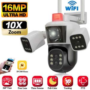 Cámaras IP Camera de IP de 8k UHD al aire libre 10x zoom seguimiento automático 16MP PTZ cuatro lentes Tres pantalla Cámara de seguridad Wi-Fi impermeable 360 View 240413