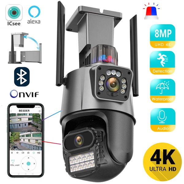 Cámaras IP 8MP 4K Wifi Cámara Lente dual Protección de seguridad Impermeable CCTV Video Vigilancia Luz Alarma 230712