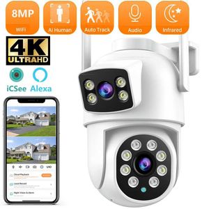 Caméras IP 8MP double écran et double lentille WiFi survalance Caméra Couleur nocturne Vision AI Suivi automatique Cloud Outdoor Wireless Security Camera 24413