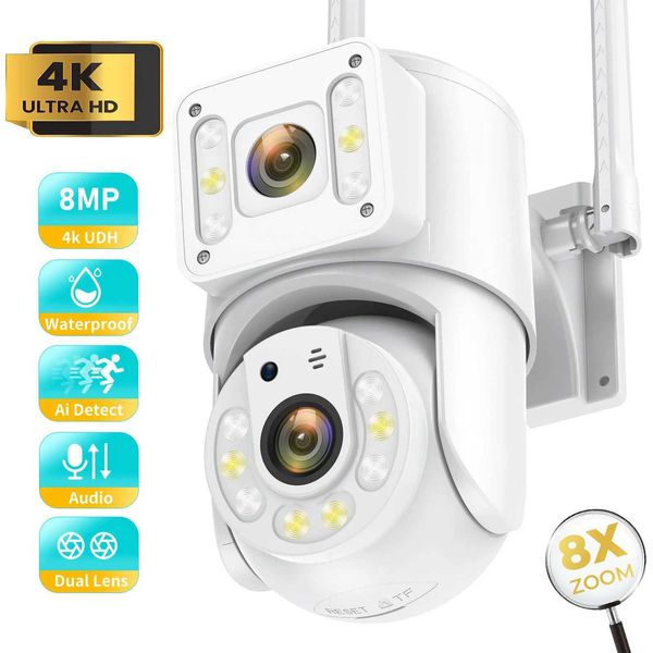 Caméras IP 8MP WiFi IP Surveillance Caméras Double Lens PTZ Outdoor Tamesproof Security Camera Human Detect Tracking Full Color Night Vision 240413