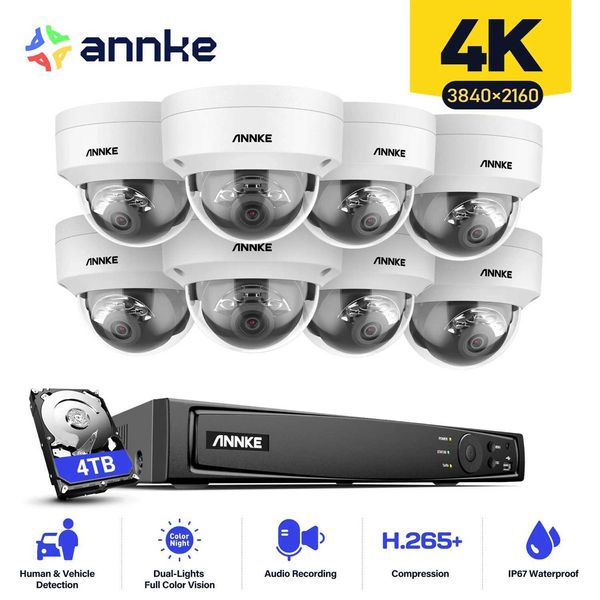 Cámaras IP Annke 8CH 4K Sistema de seguridad de cámara IP 265+ 8MP Poe Cámara de audio bidireccional Video Vigilancia CCTV 4 mm Lente Soporte 256G IP67 240413