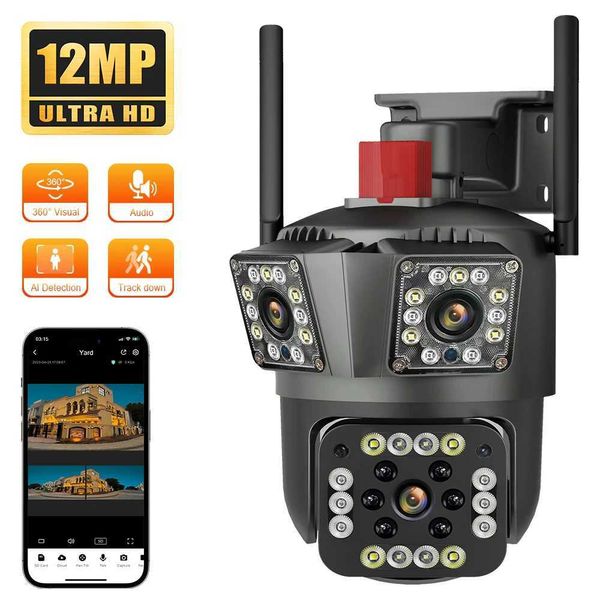 Caméras IP Cansitum 12MP HD WiFi IP OUTDOOOR TROIS LENS TROIS ÉCRAN CAME AUTO Suivi de suivi automatique Détection PTZ Système de sécurité imperméable 240413