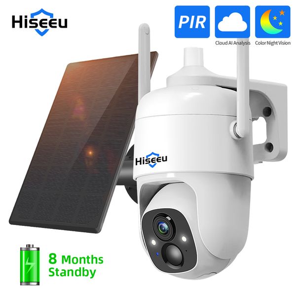 Caméras IP Hiseeu 3MP Cloud AI WiFi Caméra de Surveillance de Sécurité Vidéo Batterie Rechargeable avec Panneau Solaire Extérieur Pan Tilt Sans Fil 221117