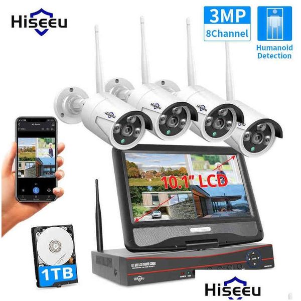 Caméras IP Hiseeu P 8CH Caméra sans fil CCTV Kit 10.1 Moniteur LCD 1536P Système de sécurité extérieure Wifi NVR Aa220315 Drop Delivery Surv Dhkf9