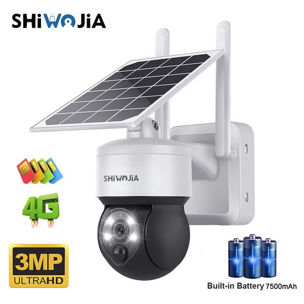 Caméras IP SHIWOJIA Extérieur wifi 4G Carte Sim Caméra Mini Panneau Solaire Surveillance de Sécurité 7500mAh IP66 Sans Fil 2 Voies Talk Detect 230712