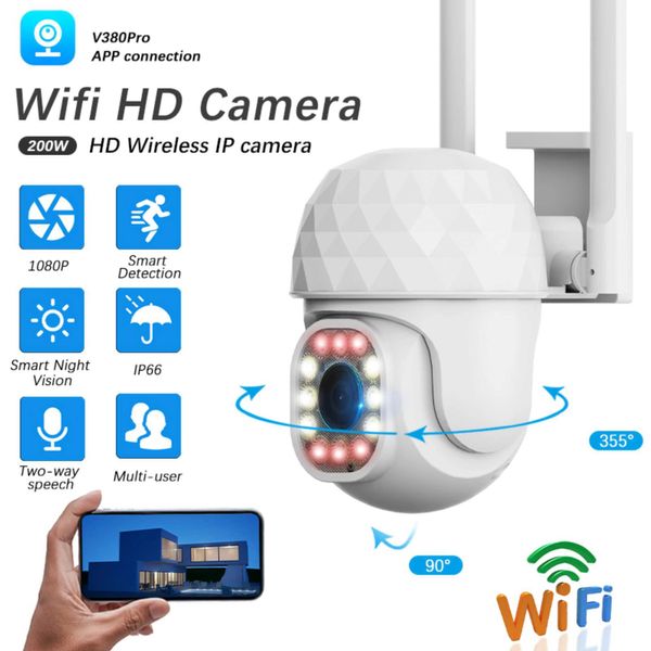 IP CAMERA V380 PRO 2MP Ultra HD PTZ 2.4G WiFi LED OUTDOOR H265 AI Détection humaine 1080p Caméra IP Auto Tracking Video Subsilance 240413