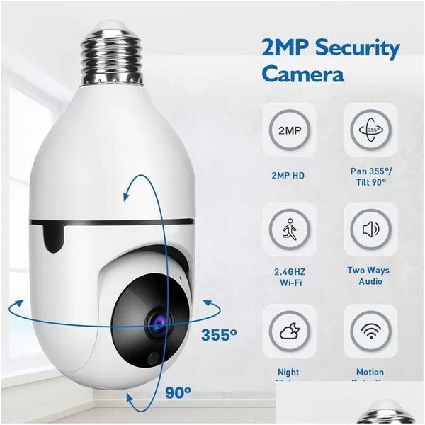 Caméras IP Wifi Ptz Remote HD 360 ° Visualisation Sécurité E27 BB Interface 1080P Sans fil 360 Rotation Suivi Caméra Panoramique Goutte de Lumière Dhonu