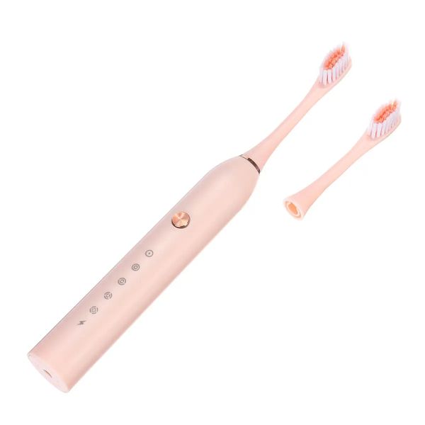 Brosse à dents électrique ultrasonique puissante IP67, brosse à dents de chargement USB, nettoyeur de dents pour soins bucco-dentaires avec têtes de rechange - rose
