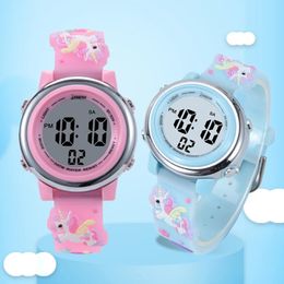 IP68 Reloj electrónico impermeable para niños Dibujos animados en 3D Unicornio luminoso colorido Led Relojes deportivos para niños Regalo 240115