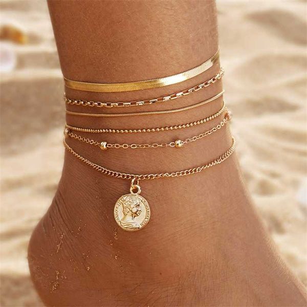 Iparam 6 pièces chaînes multicouche métal cheville pour femmes perle pièce pendentif Bracelet sur jambe pied mode bijoux cadeaux 230719