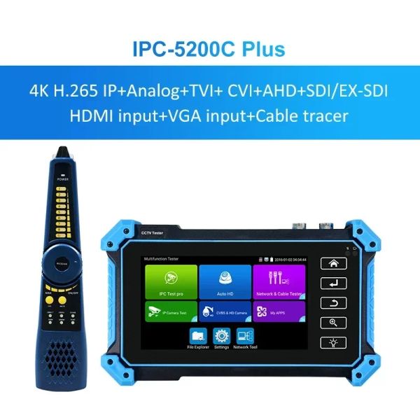 IPC-5200C plus 5100C plus Tester CCTV 8MP IP CVI TVI AHD Analogue 5 dans 1 AMP VGA 4K Entrée HD Tester de caméra IP 5.0inch IPS Tact Screen