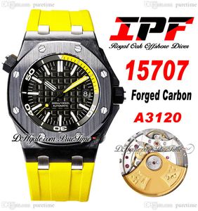 IPF 1570 Gesmede koolstof A3120 Automatische heren Watch 42 mm Zwart textured Die kiezer Markers gele rubberen band Super Edition Horloges Puretime D4