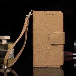 iPhone 12 11 Pro Max Fundas para teléfonos de diseño para Apple 15 14 13 XR XS 8 7 Plus Pulsera de cuero de lujo Correa con cordón Monedero Titulares de tarjetas Fundas con tapa de bolsillo Café Flor grande