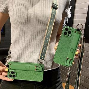 IPhone 14 13pro Designer lederen telefoonhoesjes Klassieke printhoes Mobiele shell-beschermhoes Groen patroon Voorzien van dekking met riem