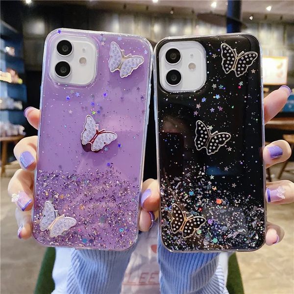 IPhone 15 14 13 12 11 Pro Max Bling Glitter Butterfly Love Heart Funda transparente suave para 14 15 Plus Funda de gel delgada