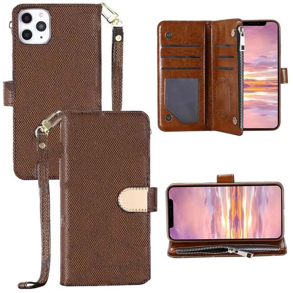 iPhone 15 14 Pro Max Funda de teléfono de diseñador para Apple 13 12 Pulsera de cuero de PU de lujo Compartimento con cremallera Cartera Titular de la tarjeta Contraportada de tablero de ajedrez Marrón tablero de ajedrez