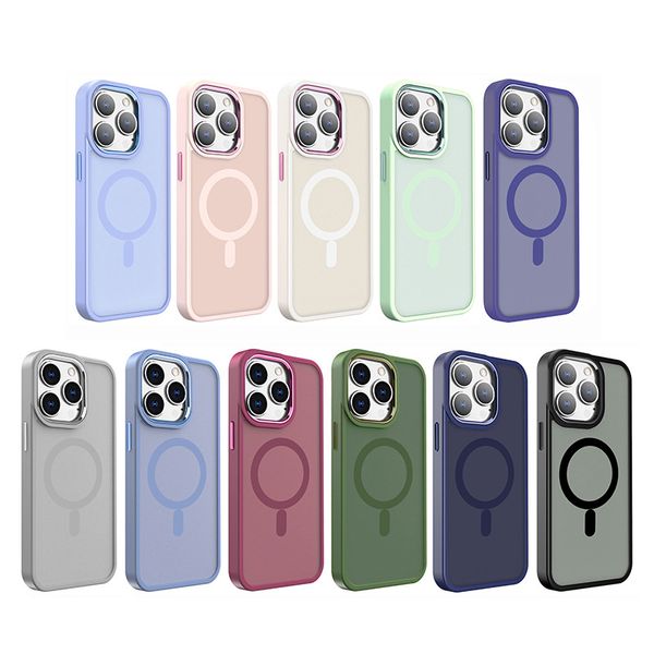 Coque de téléphone magnétique pour iPhone 15 14 Pro Max, Apple 13 12 Plus, Samsung Galaxy S23, cadre en métal mat, respectueux de la peau, bouton, compatible Magsafe, Fundas Coque arrière